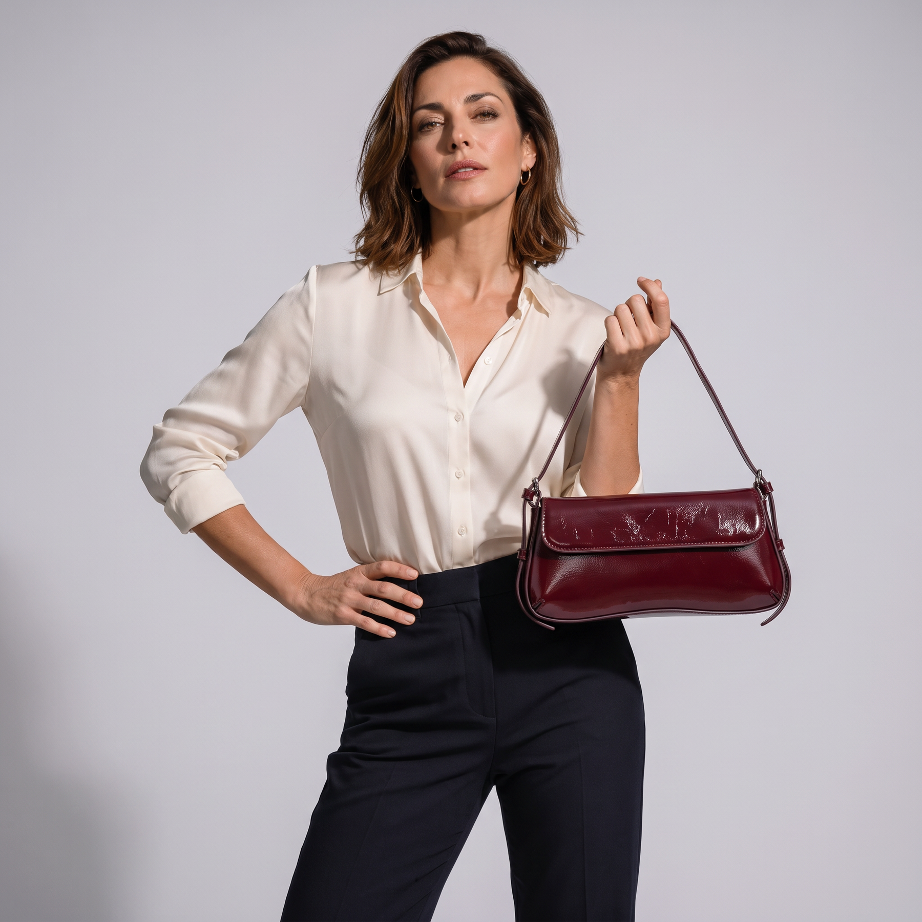 Modelo luciendo el bolso de piel genuina Camille - vista frontal