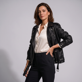 Modelo luciendo la chaqueta de piel genuina Isolde - vista frontal